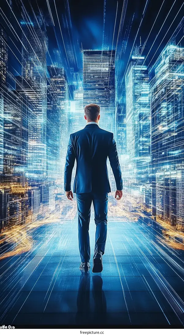 Businessman Walking into Futuristic Cityscape