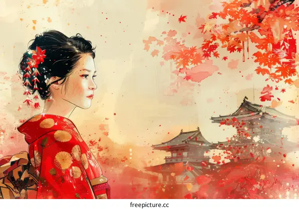 A woman wearing a red kimono standing in a field of red maple leaves with a traditional Japanese castle in the background