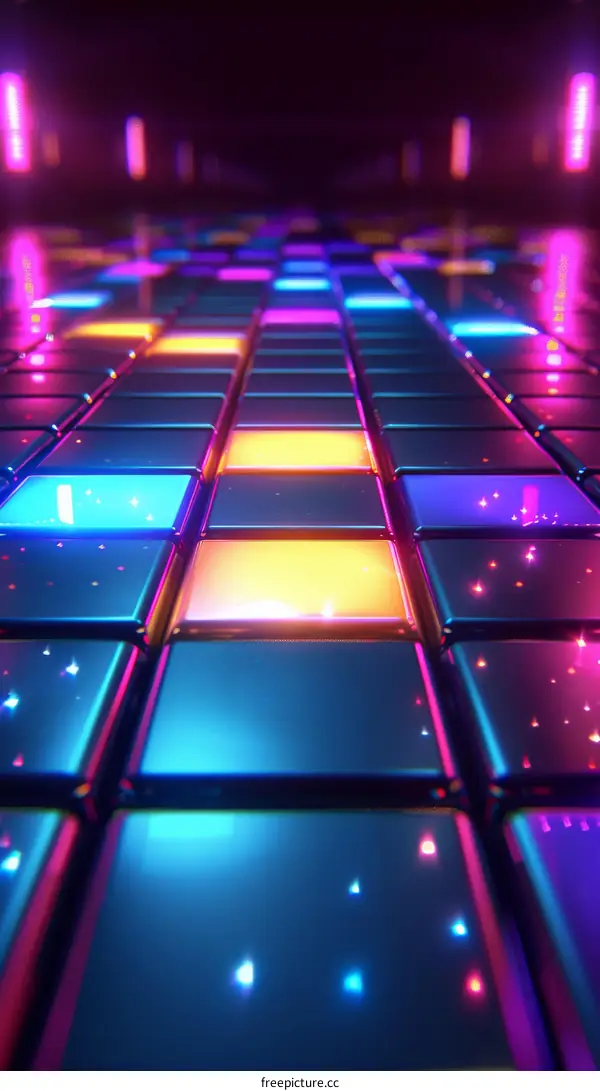 Colorful 3D rendering of a dance floor with glowing tiles