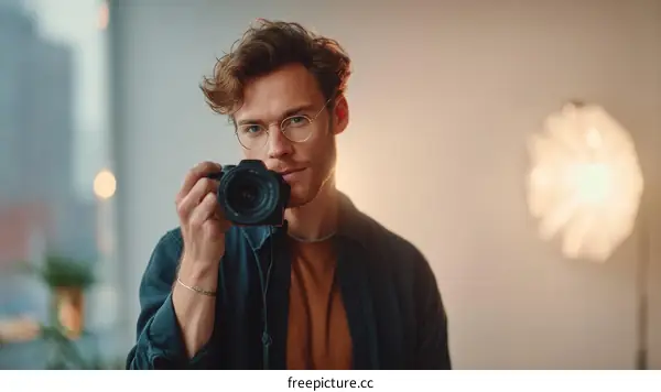 A Man Holding Camera in a Stylish Interior