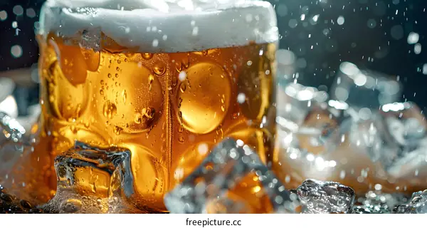 Close Up Of Glass Of Beer With Ice Cubes