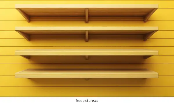 Empty Wooden Shelves Against a Yellow Wall