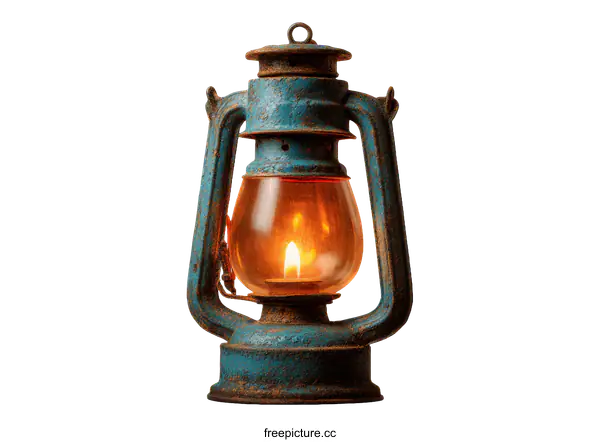 [Transparent Background PNG]Vintage Rusty Blue Oil Lamp with Warm Light