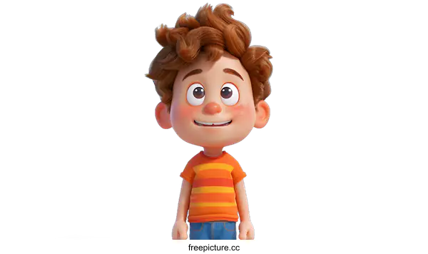 [Transparent Background PNG]Smiling Cartoon Boy with Brown Hair and Orange Shirt