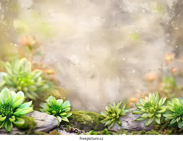 Green Succulents on Moss and Stone with Grunge Background