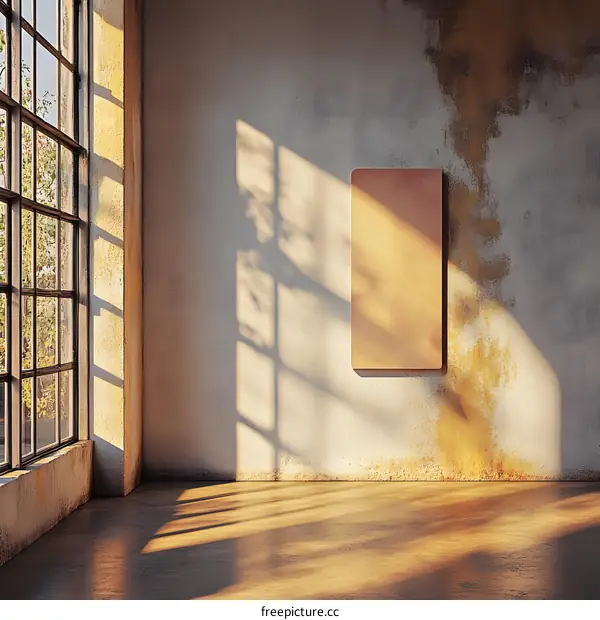 Empty Room with Window and Blank Canvas on the Wall