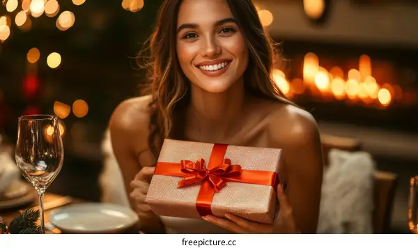 Woman Holding Gift Box at Christmas Dinner
