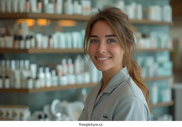 Portrait of a young and beautiful Caucasian female smiling in front of a shelf full of beauty products
