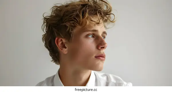 Young Man with Curly Blonde Hair Looking Away in a White Shirt