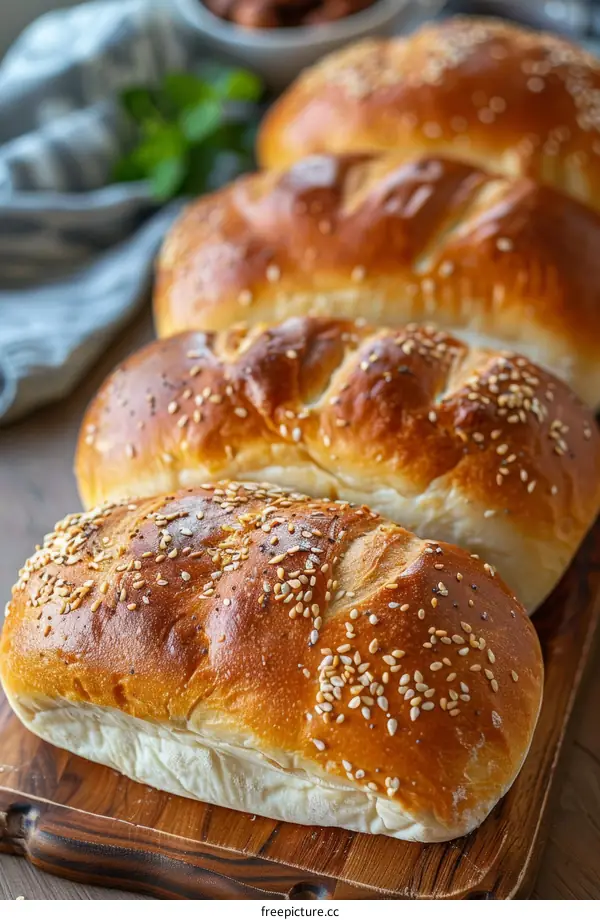 Freshly Baked Homemade Bread with Sesame Seeds and Poppy Seeds on Wooden Board
