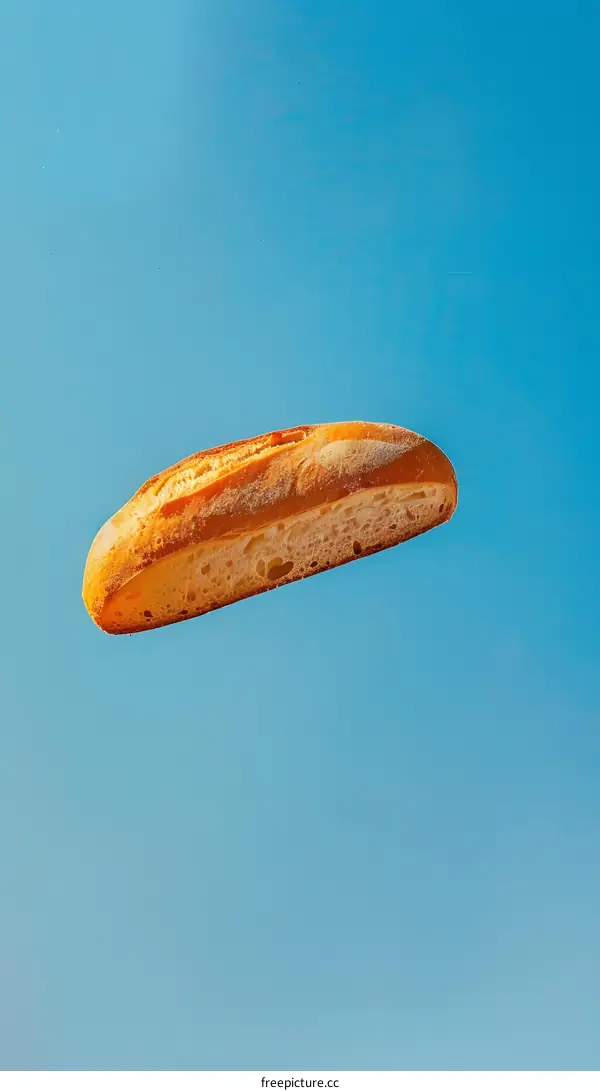 A loaf of bread floating in mid-air against a blue background
