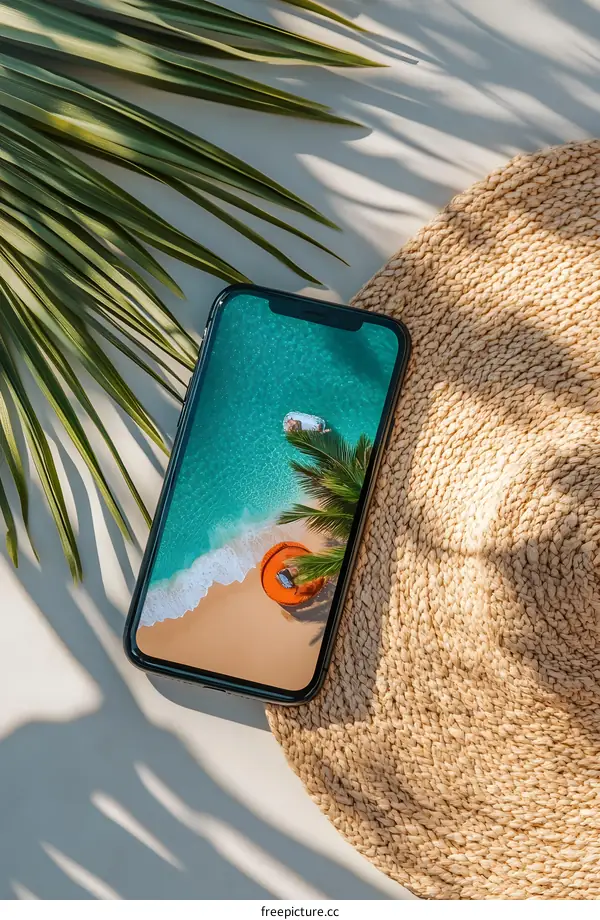 Tropical Beach Phone Wallpaper on a Straw Mat