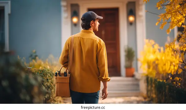 Man Walking Towards a House in Autumn