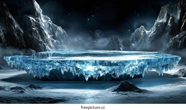 Icy Platform in Snowy Mountain Landscape