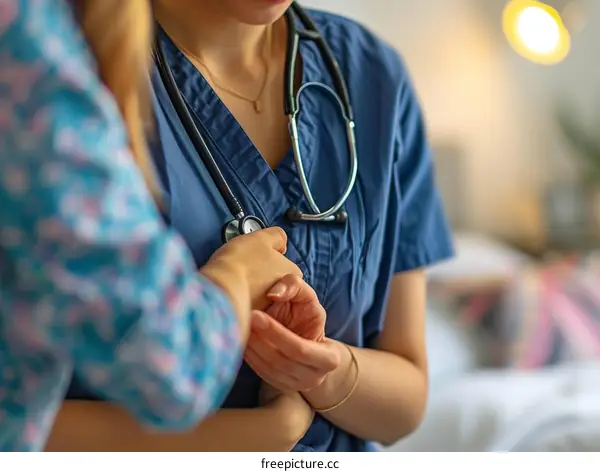 A young female doctor is holding the hand of a patient in a hospital room