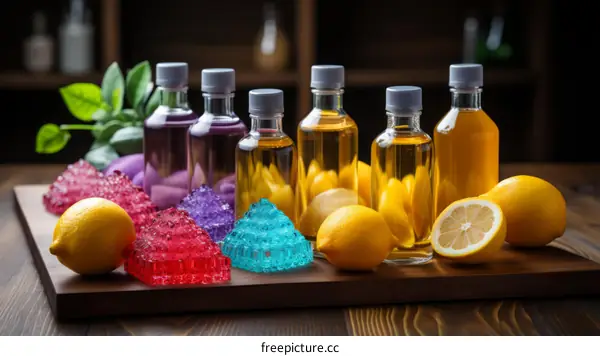 Different colored bottles of essential oils and cut lemons on a wooden table