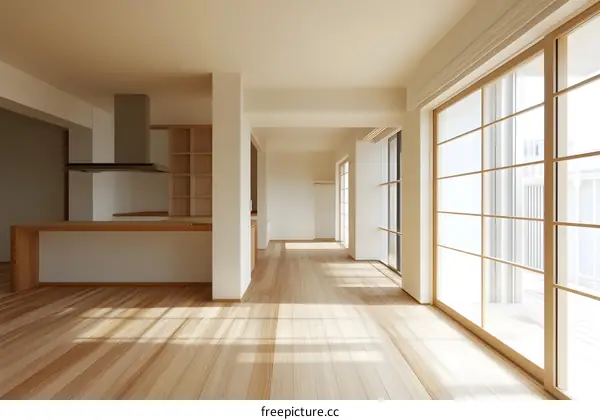 Modern Minimalist Kitchen Interior Design with Wooden Floor and Sliding Glass Doors