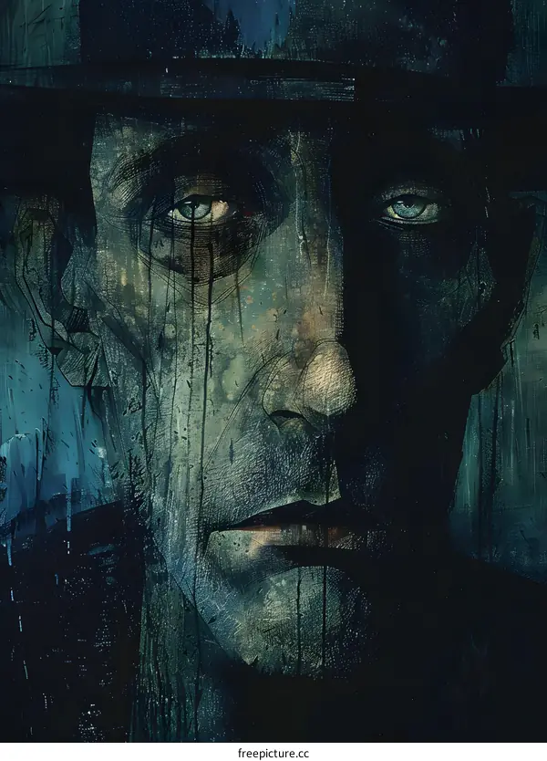 A portrait of a man wearing a hat painted with blue and green colors