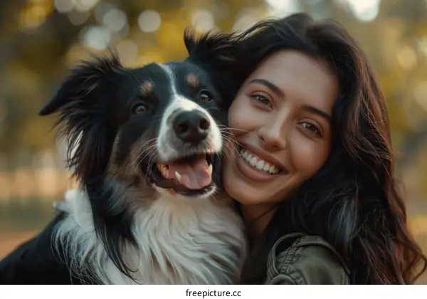 A young woman is smiling with her dog.