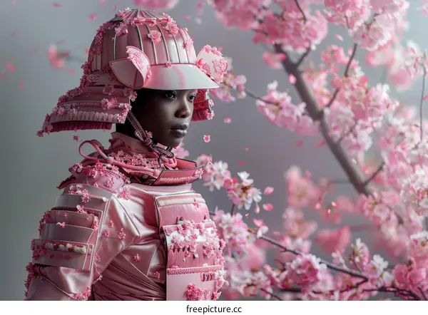 Black woman in pink samurai armor stands in front of a cherry blossom tree
