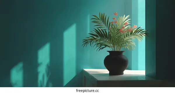 Teal Room Interior with Tropical Plant