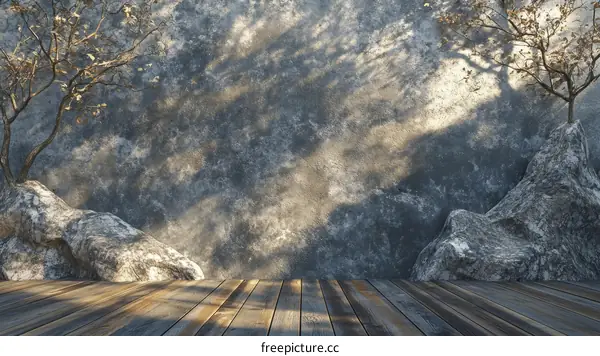 Rustic Stone Wall with Wooden Deck and Tree