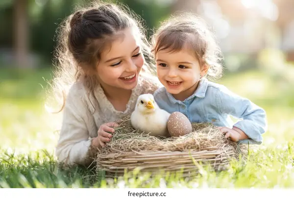 Two Girls Enjoying Easter with Baby Chicks and Eggs