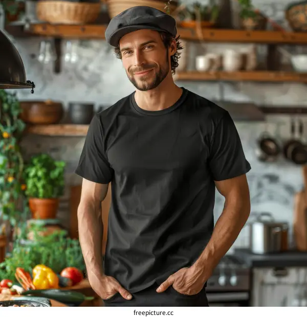 Bearded man wearing a gray newsboy cap in a kitchen