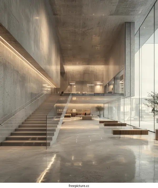 Modern Minimalist Office Interior with Concrete Walls and Glass Windows