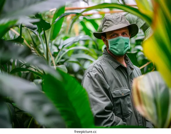 A man wearing a mask and hat is standing in a greenhouse.