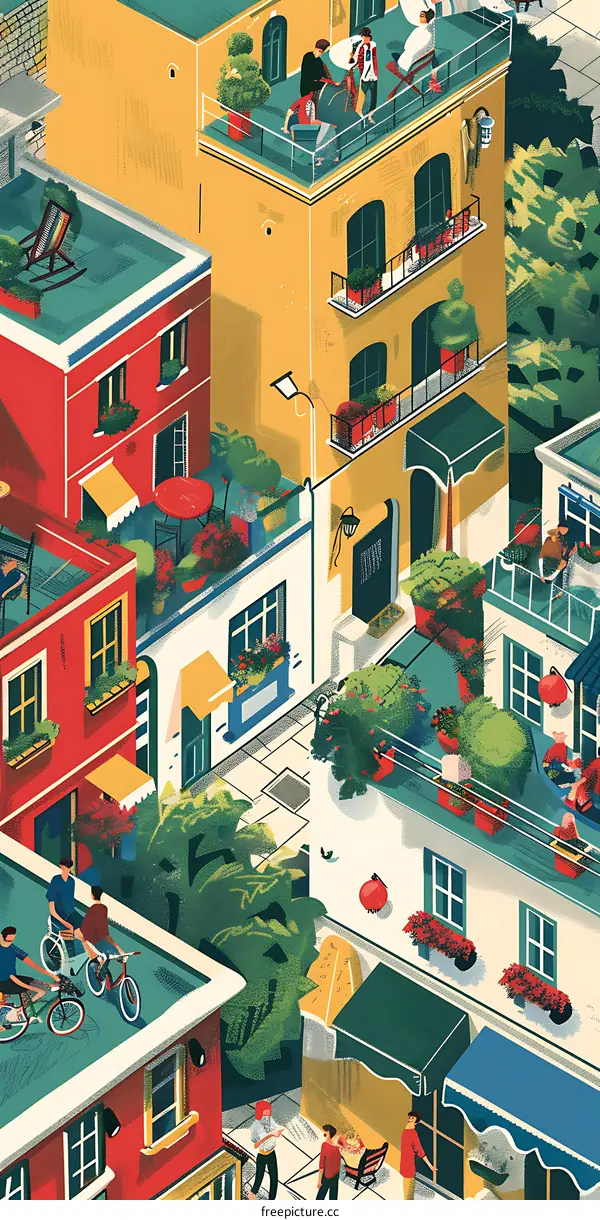 Colorful Illustration of European Cityscape with People