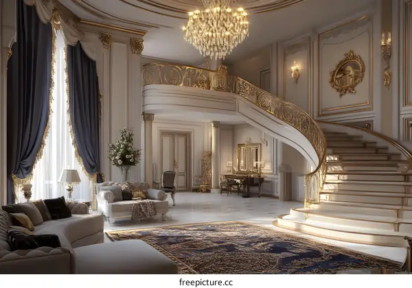 Luxury Interior Design With Grand Staircase And Chandelier