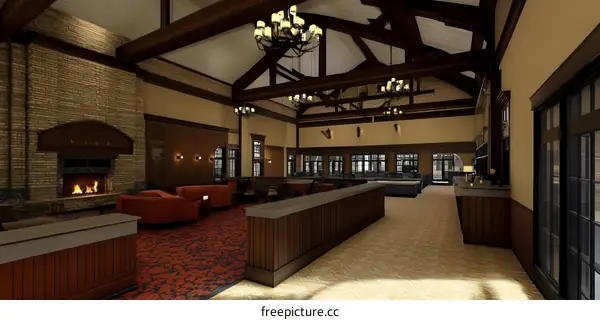 Interior Design of a Modern Lodge with Fireplace and Chandelier