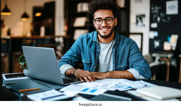 Young Man Working on Laptop in Modern Office