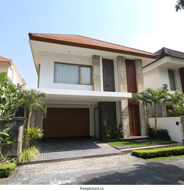 Modern White Two Story Home With Brown Garage Door And Stone Walls