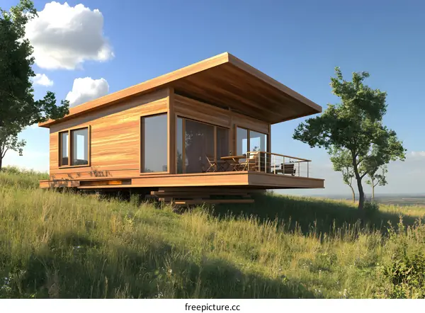 Modern Wooden Cabin on a Hill with a Deck
