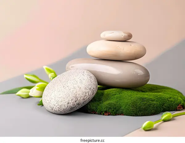 Stacked Stones on Moss and Flowers