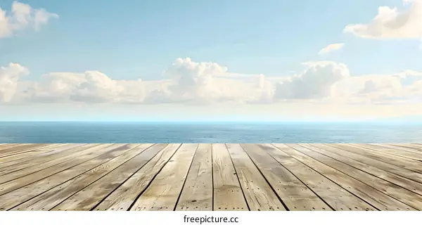 Wooden Deck Overlooking Blue Ocean And Sky