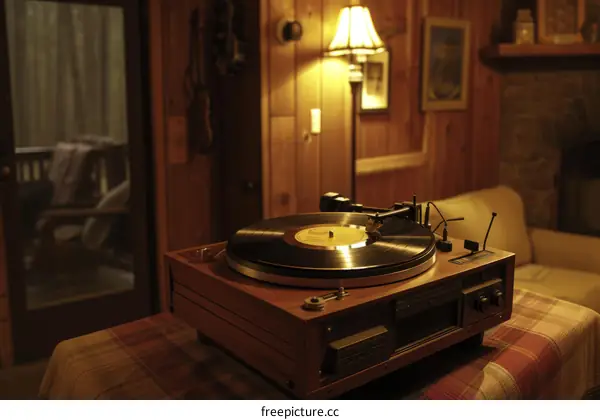 A record player sits on a table in a dimly lit room