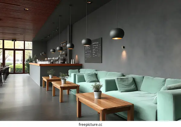 Modern Cafe Interior with Mint Green Sofas