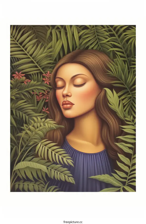Serene Woman with Closed Eyes in Lush Greenery