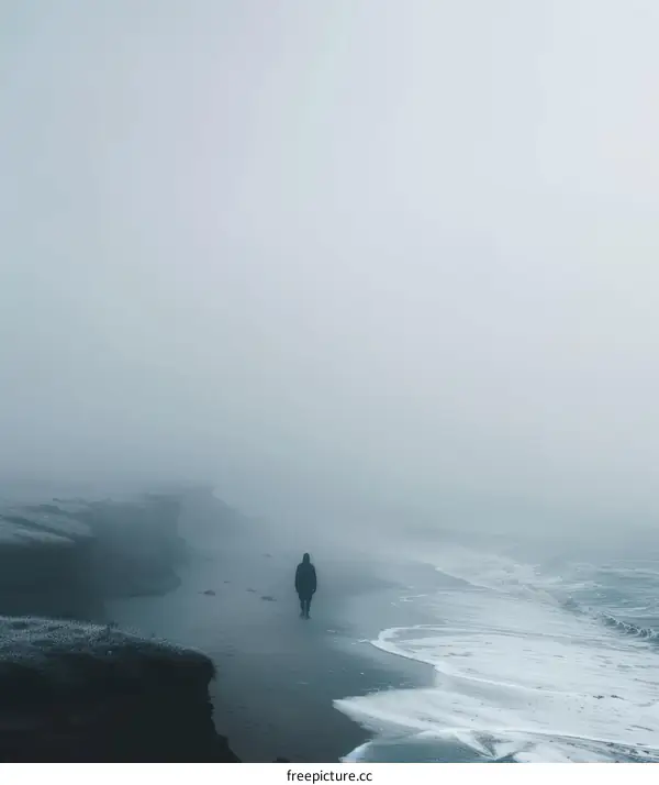 Person walking alone on beach on foggy day