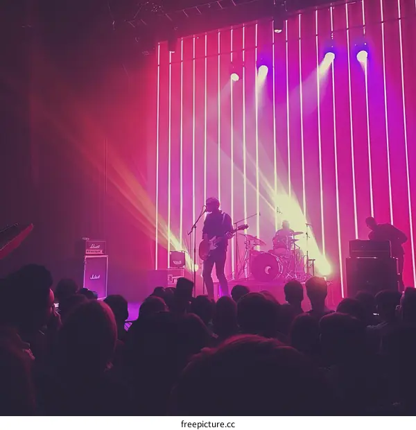 Indie rock band performing live on stage with pink lights