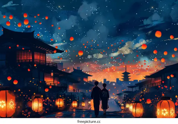 Couple in Kimono Enjoying a Japanese Lantern Festival