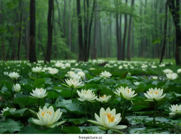 White water lilies in a green forest