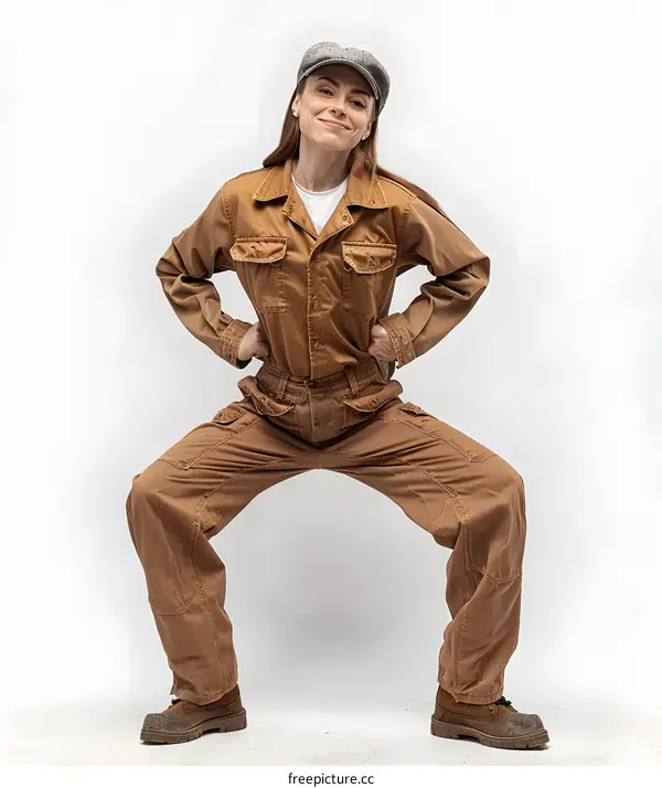 A woman in a brown jumpsuit is posing in a squatting position