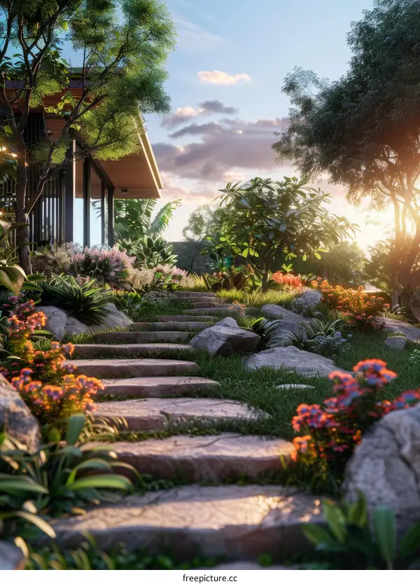 Tropical Garden Oasis at Sunset