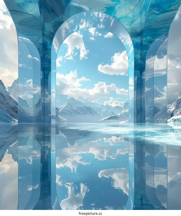 Futuristic Ice Hallway with Mountain and Lake Views