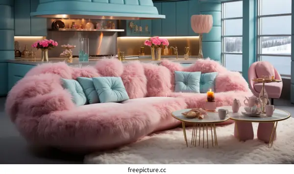 pink and blue retro futuristic kitchen