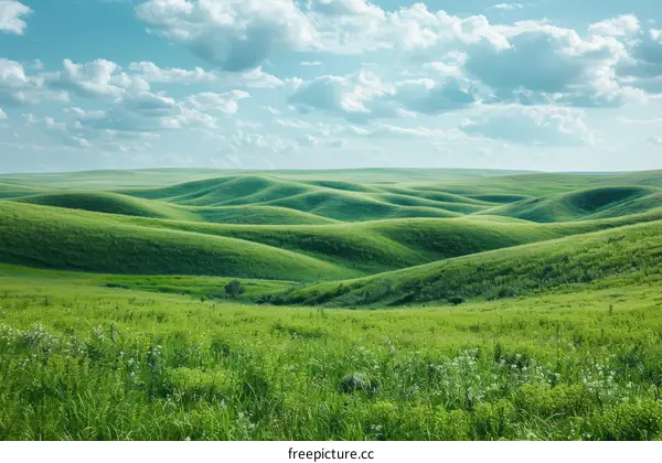 Green rolling hills under blue sky and white clouds